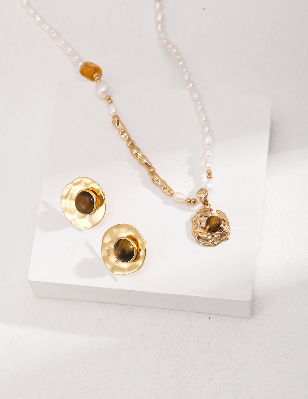 S925 Silver Pearl & Tiger Eye Necklace – Adjustable Vintage Gold Finish
