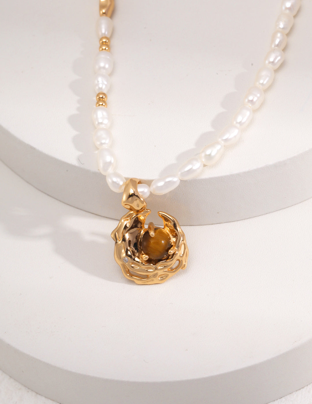 S925 Silver Pearl & Tiger Eye Necklace – Adjustable Vintage Gold Finish