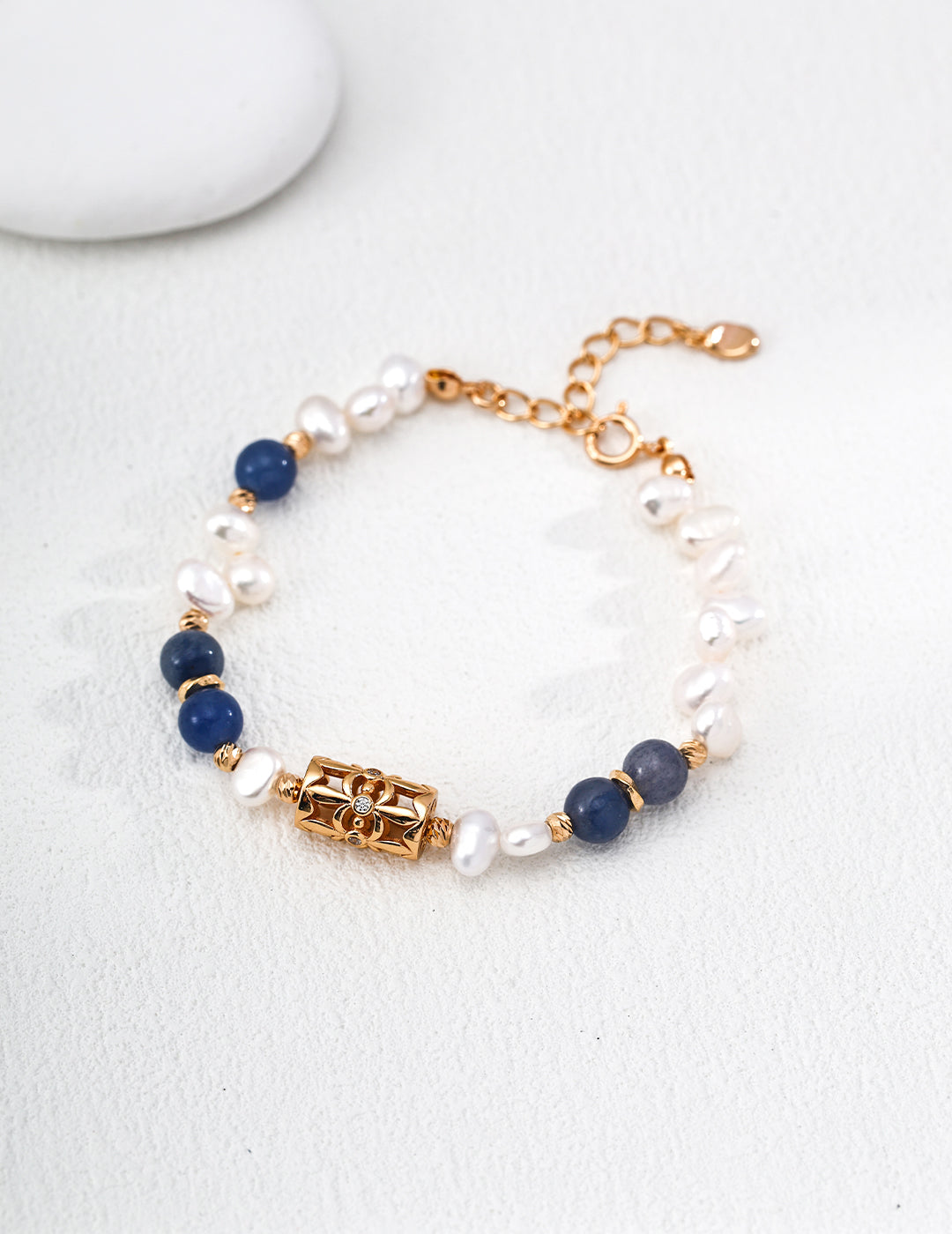 Elegant S925 Sterling Silver Bracelet with Lucky Clover, Pearl & Blue Aventurine