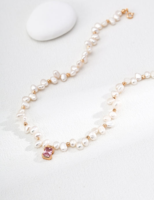 S925 Sterling Silver Pink Cubic Zirconia & Natural Pearl Necklace