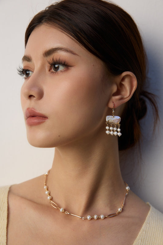 S925 Silver Natural Pearl & Mother-of-Pearl Vintage Gold Finish Earrings