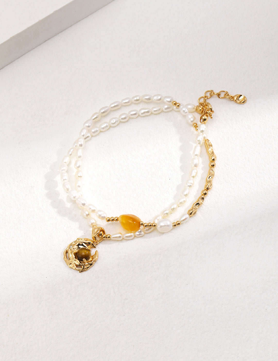 S925 Silver Pearl & Tiger Eye Necklace – Adjustable Vintage Gold Finish