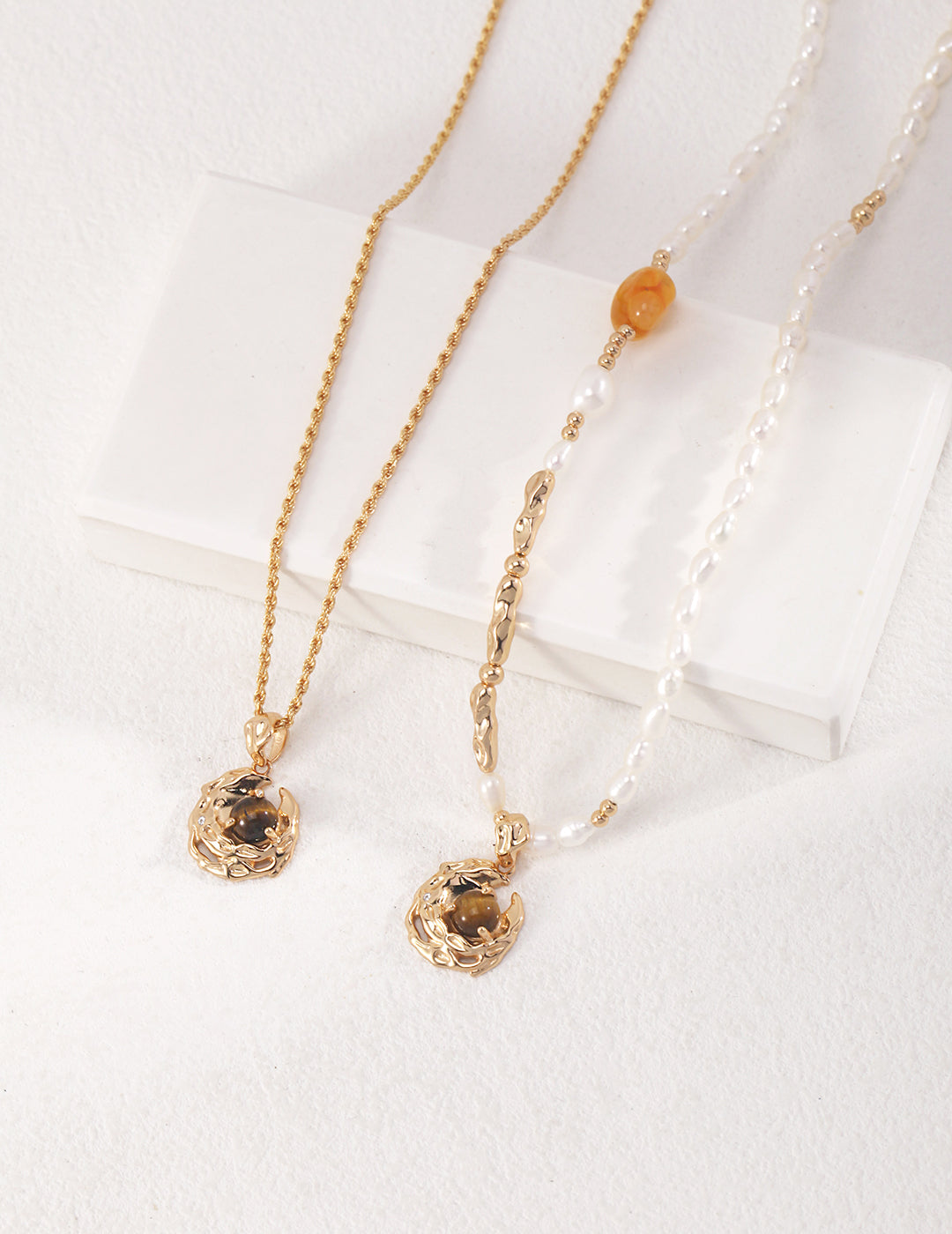 S925 Silver Pearl & Tiger Eye Necklace – Adjustable Vintage Gold Finish