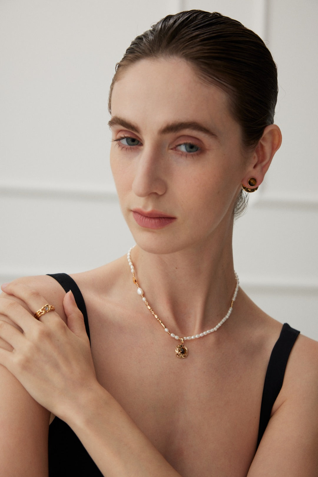 S925 Silver Pearl & Tiger Eye Necklace – Adjustable Vintage Gold Finish