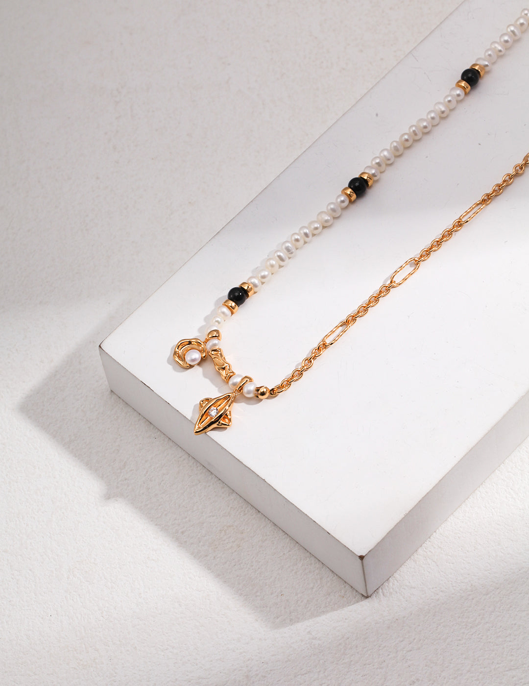 S925 Silver Star & Moon Necklace with Black Onyx, Natural Pearl & Cubic Zirconia