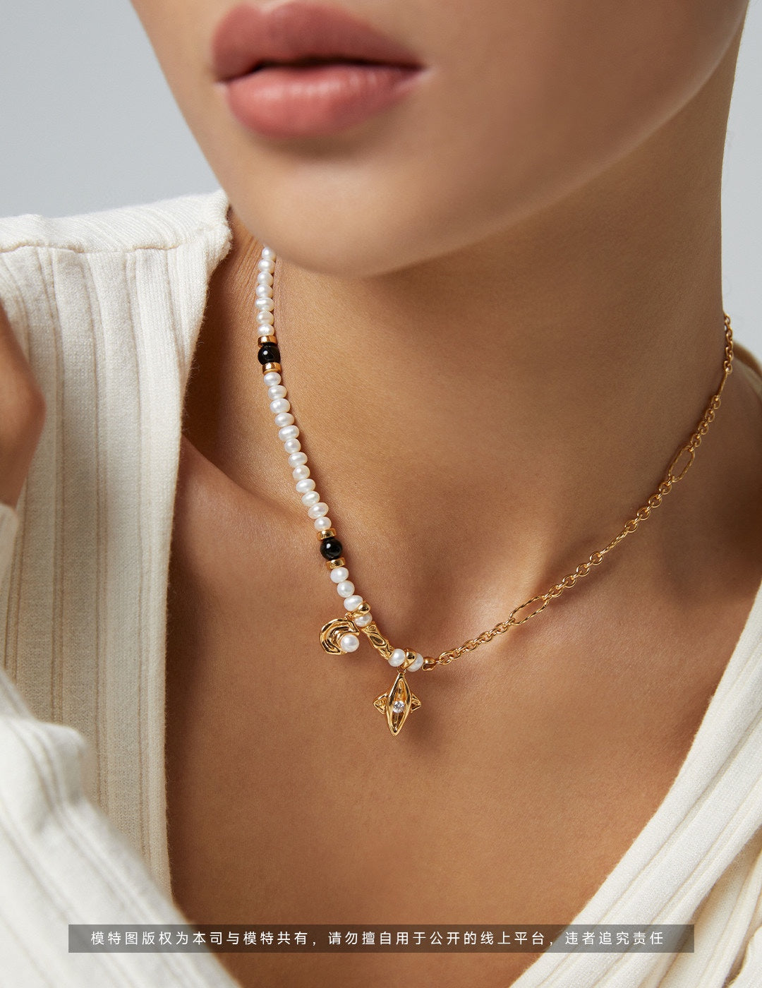 S925 Silver Star & Moon Necklace with Black Onyx, Natural Pearl & Cubic Zirconia