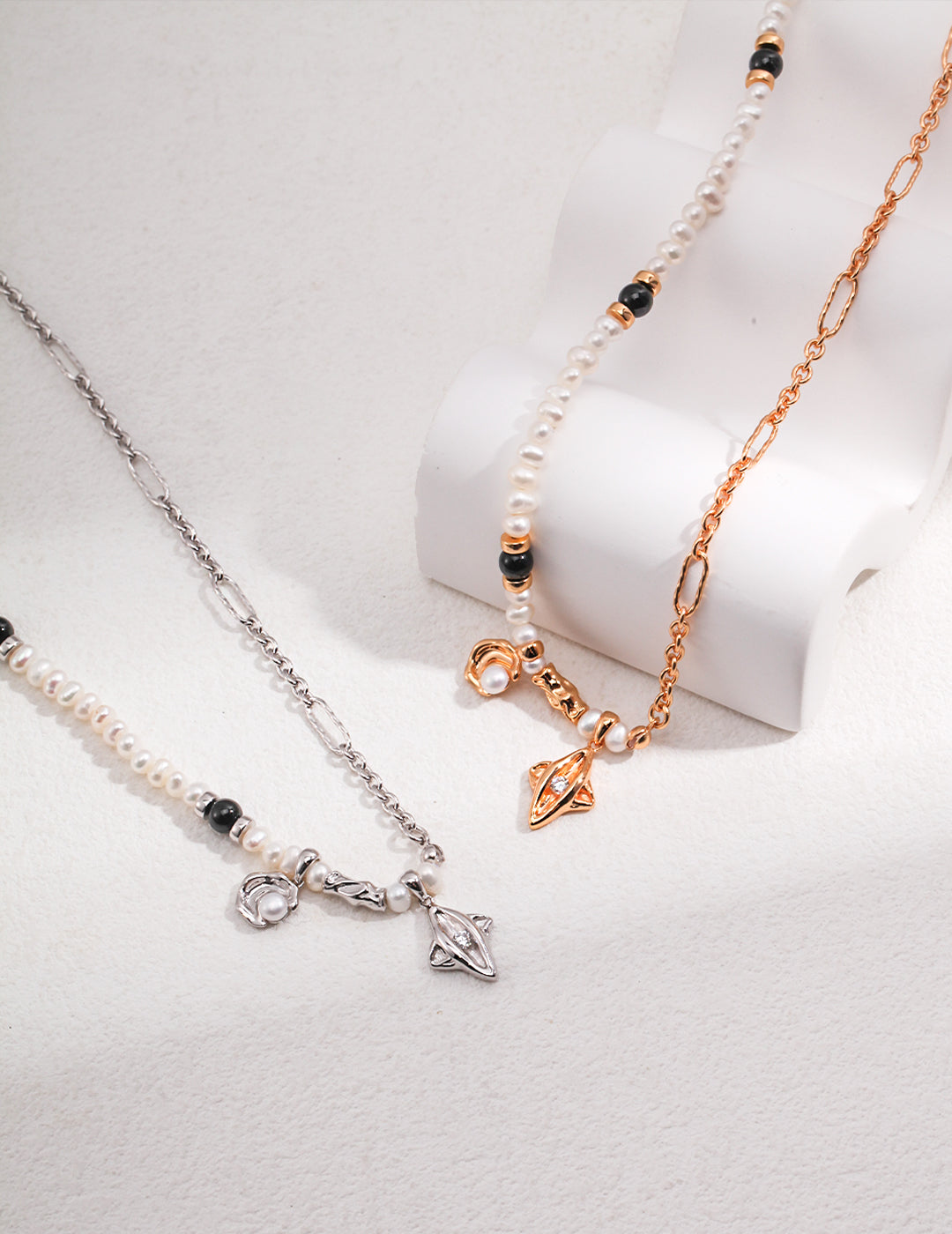 S925 Silver Star & Moon Necklace with Black Onyx, Natural Pearl & Cubic Zirconia
