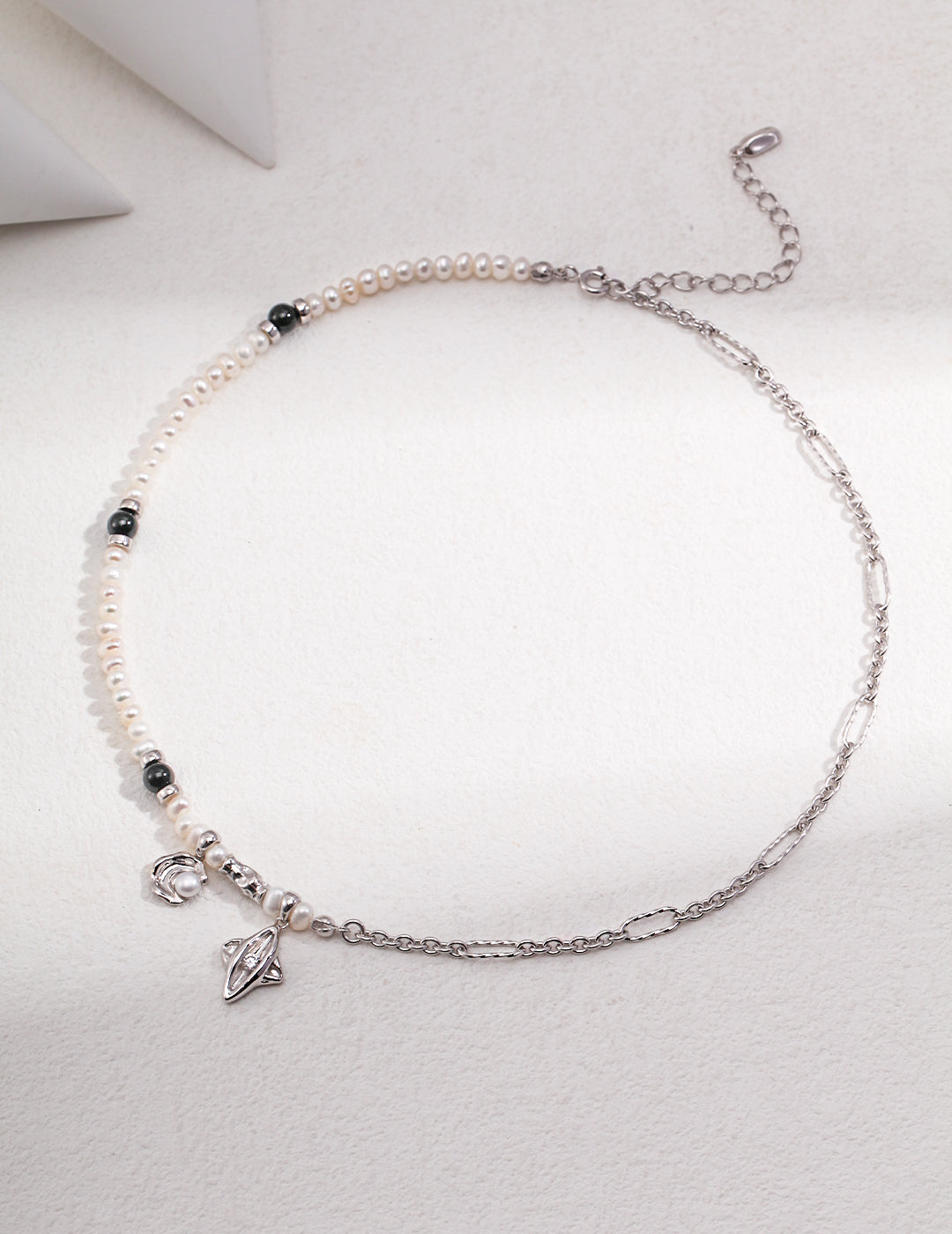 S925 Silver Star & Moon Necklace with Black Onyx, Natural Pearl & Cubic Zirconia