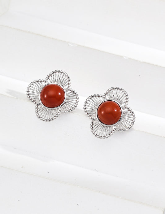 Vintage Red Agate Four-Leaf Clover Earrings, red agate earrings, four leaf clover earrings, S925 silver gemstone earrings, lucky charm earrings, vintage style earrings for women
