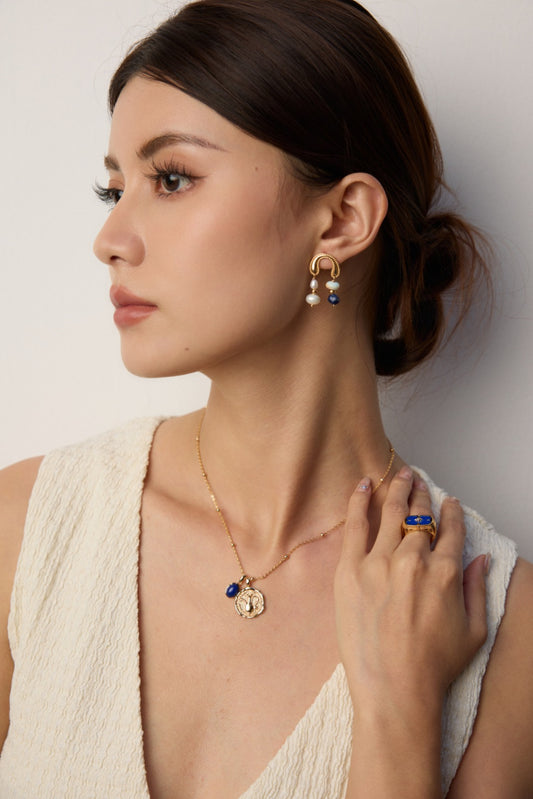 S925 Silver Natural Pearl Lapis Lazuli & Gemstone Earrings