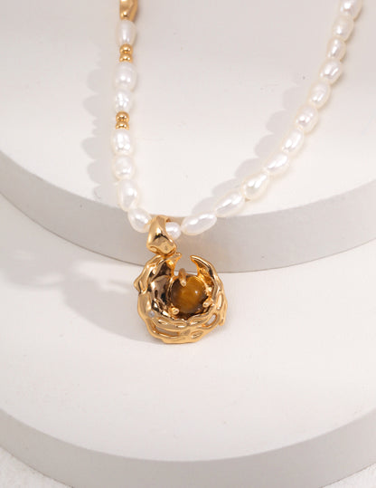 Natural Pearl & Tiger Eye Necklace, S925 silver gemstone necklace, adjustable tiger eye pearl jewelry, vintage gold finish necklace, natural pearl jewelry, bold gemstone necklace