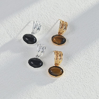 Tiger’s Eye & Black Onyx Earrings | S925 Silver Vintage