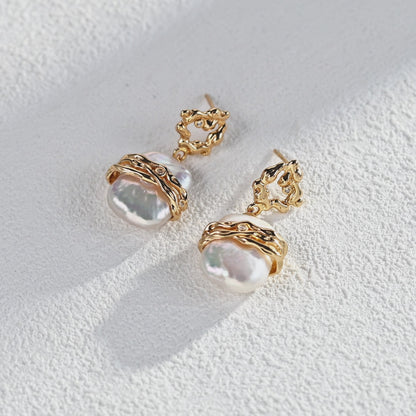 S925 Silver Baroque Pearl Earrings | 18K Vintage Gold