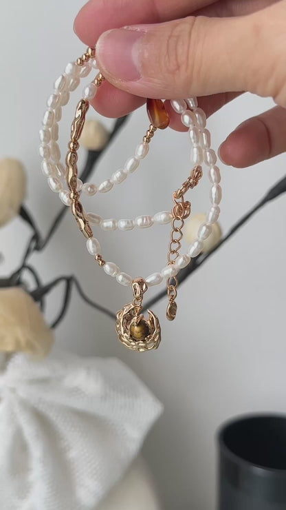Natural Pearl & Tiger Eye Necklace | Moon Fluid Design