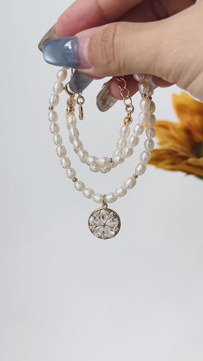 Natural Pearl & Cubic Zirconia Necklace | Leaf shape Design