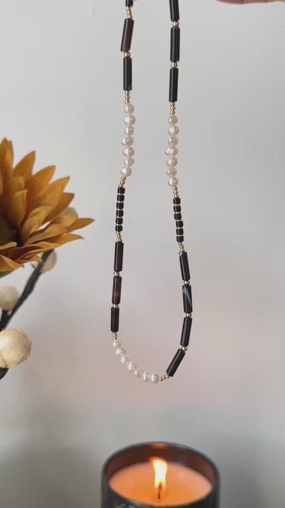 Black Onyx Pearl Necklace -  S925 Sterling Silver