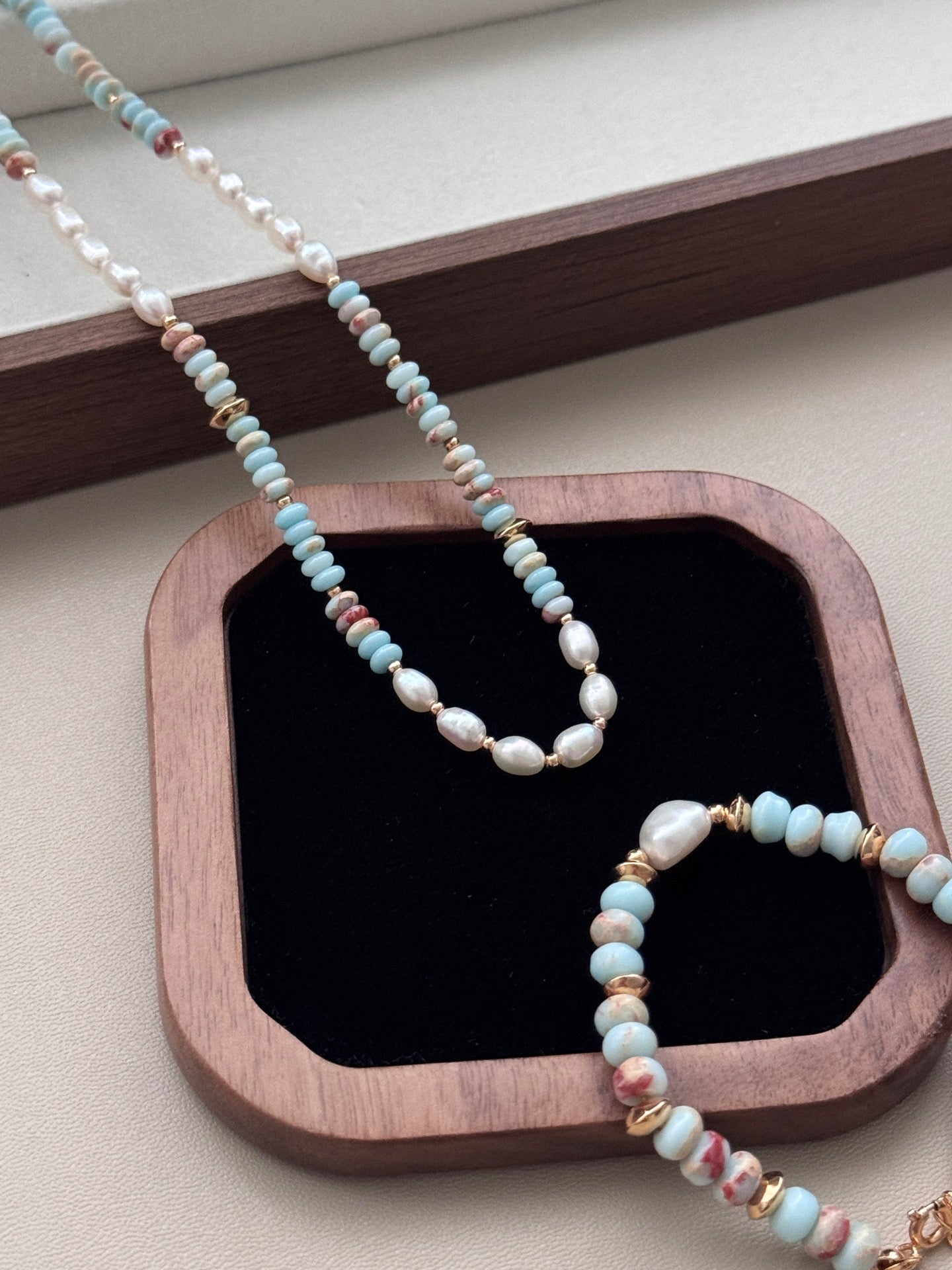  Blue ShouShan Gemstone Necklace, S925 silver pearl necklace, blue ShouShan stone jewelry, vintage gold pearl necklace, adjustable chain necklace, elegant gemstone necklace