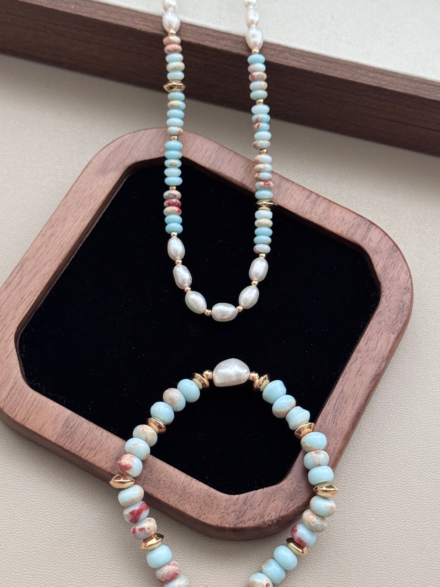  Blue ShouShan Gemstone Necklace, S925 silver pearl necklace, blue ShouShan stone jewelry, vintage gold pearl necklace, adjustable chain necklace, elegant gemstone necklace