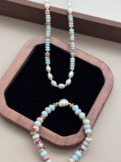  Blue ShouShan Gemstone Necklace, S925 silver pearl necklace, blue ShouShan stone jewelry, vintage gold pearl necklace, adjustable chain necklace, elegant gemstone necklace