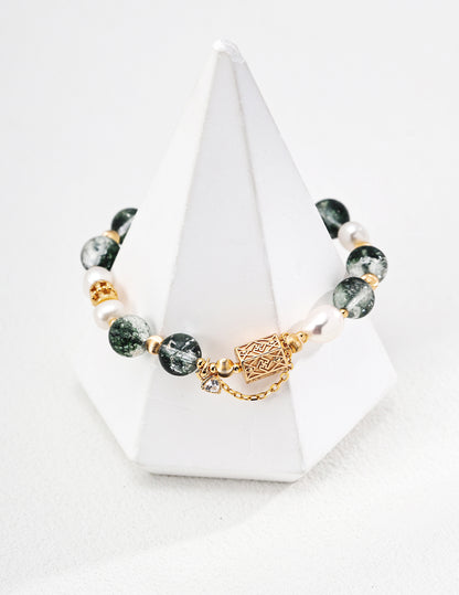 green crystal pearl bracelet, S925 silver crystal bracelet, natural pearl jewelry, oriental inspired bracelet, artisan silver bracelet, green gemstone bracelet, elegant pearl crystal bracelet