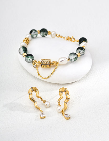 green crystal pearl bracelet, S925 silver crystal bracelet, natural pearl jewelry, oriental inspired bracelet, artisan silver bracelet, green gemstone bracelet, elegant pearl crystal bracelet