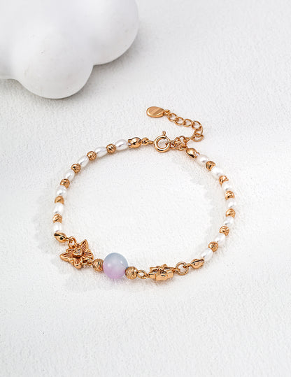 S925 Sterling Silver Bracelet with Gradient Cat’s Eye and Pearl Fairy Charm