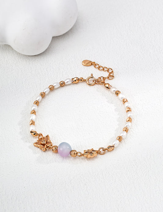 Elegant S925 Silver Bracelet with Gradient Cat’s Eye and Pearl Fairy Charm