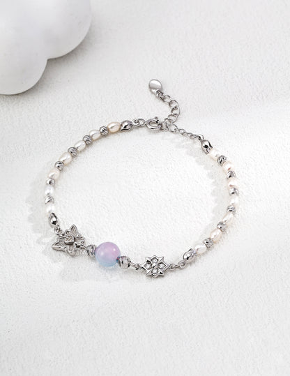 S925 Sterling Silver Bracelet with Gradient Cat’s Eye and Pearl Fairy Charm