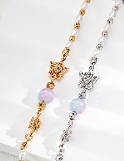 S925 Sterling Silver Bracelet with Gradient Cat’s Eye and Pearl Fairy Charm