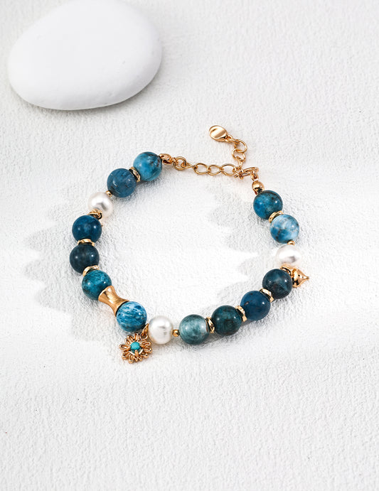 S925 Sterling Silver Vintage Gold Jewelry Set with Natural Pearl, Azurite & Turquoise