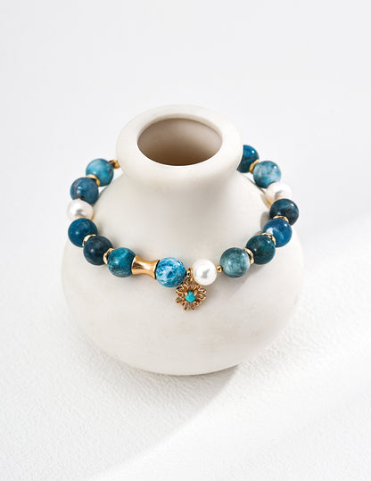 S925 Sterling Silver Natural Pearl, Azurite & Turquoise Bracelet