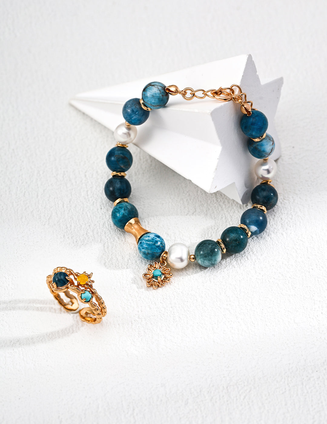 S925 Sterling Silver Vintage Gold Jewelry Set with Natural Pearl, Azurite & Turquoise