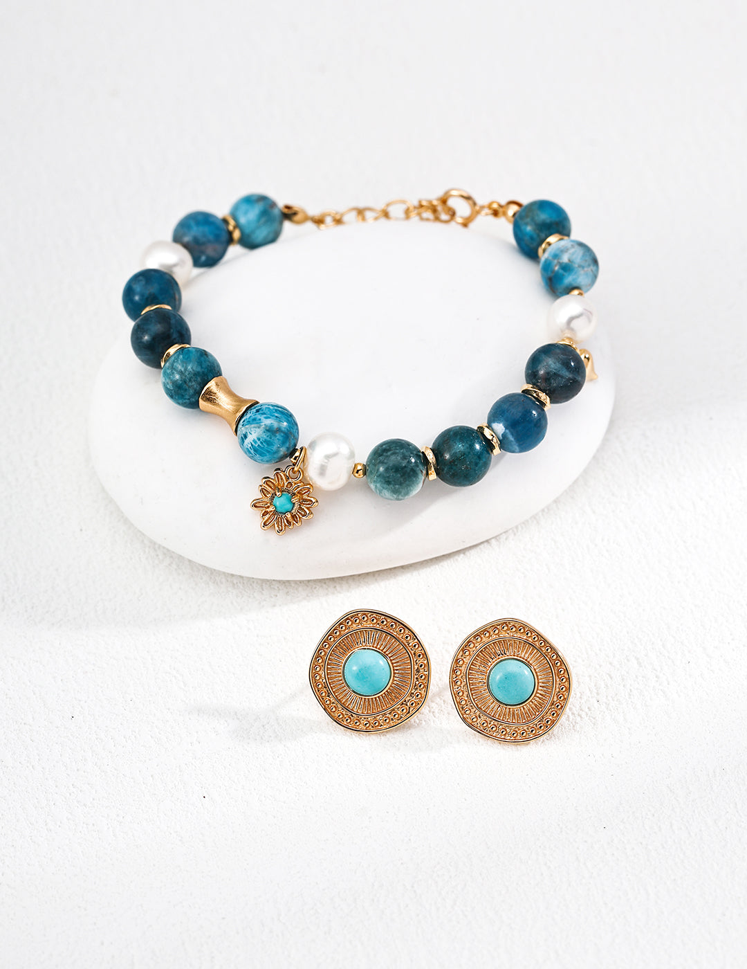 S925 Sterling Silver Vintage Gold Jewelry Set with Natural Pearl, Azurite & Turquoise
