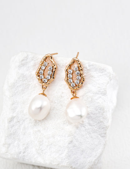 S925 Sterling Silver Natural Pearl &Sparkling Zircon Earrings