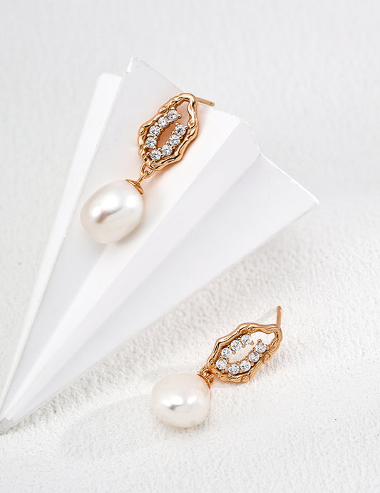 S925 Sterling Silver Natural Pearl &Sparkling Zircon Earrings