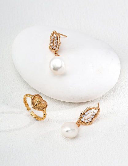 S925 Sterling Silver Natural Pearl &Sparkling Zircon Earrings