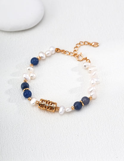 S925 Sterling Silver Bracelet with Lucky Clover, Pearl & Blue Aventurine