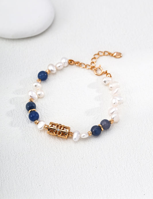 Elegant S925 Sterling Silver Bracelet with Lucky Clover, Pearl & Blue Aventurine