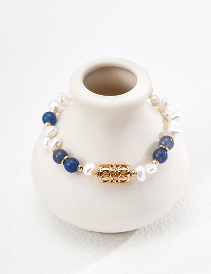 S925 Sterling Silver Bracelet with Lucky Clover, Pearl & Blue Aventurine