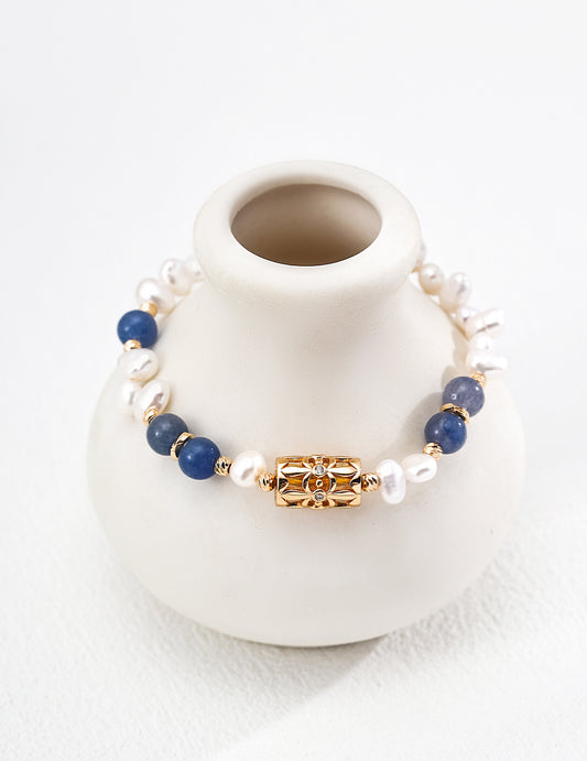 S925 Sterling Silver Bracelet with Lucky Clover, Pearl & Blue Aventurine