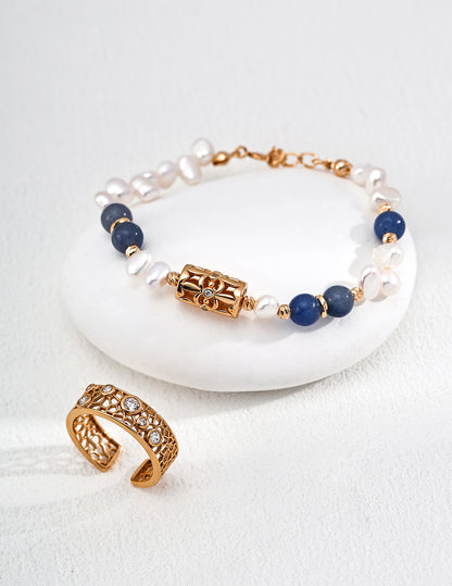 S925 Sterling Silver Bracelet with Lucky Clover, Pearl & Blue Aventurine