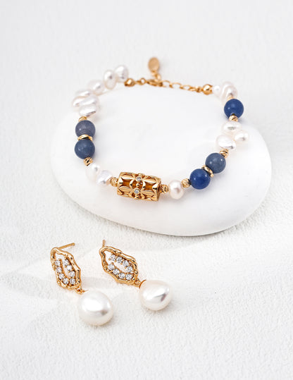 S925 Sterling Silver Bracelet with Lucky Clover, Pearl & Blue Aventurine