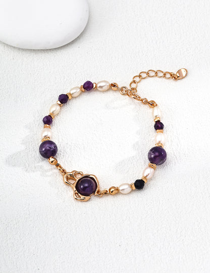 S925 Sterling Silver Vintage Gold Bracelet with Natural Purple Amethyst & Pearl