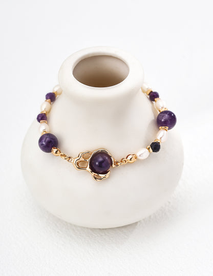 S925 Sterling Silver Vintage Gold Bracelet with Natural Purple Amethyst & Pearl