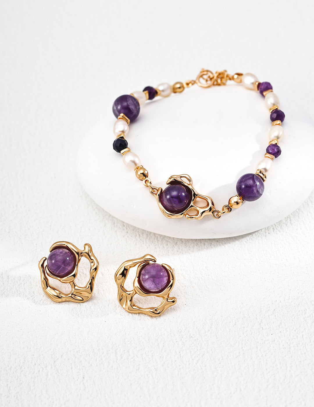 S925 Sterling Silver Vintage Gold Jewelry Set with Natural Amethyst & Pearl