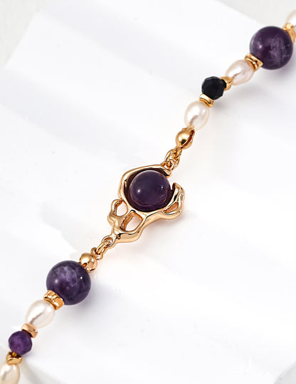 S925 Sterling Silver Vintage Gold Bracelet with Natural Purple Amethyst & Pearl