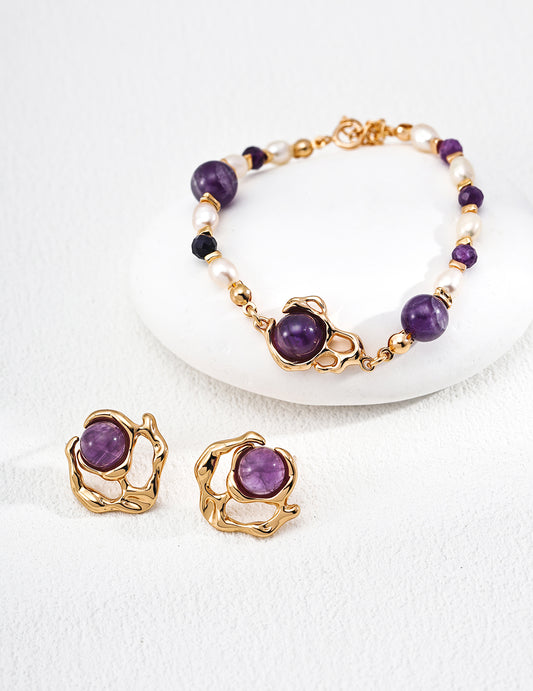 S925 Sterling Silver Vintage Purple Amethyst Gemstones Earrings