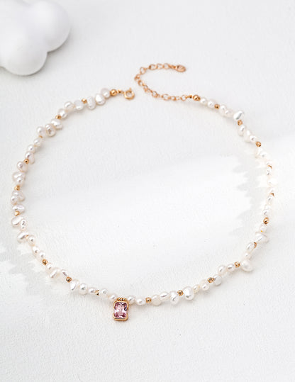 S925 Sterling Silver Pink Cubic Zirconia & Natural Pearl Necklace