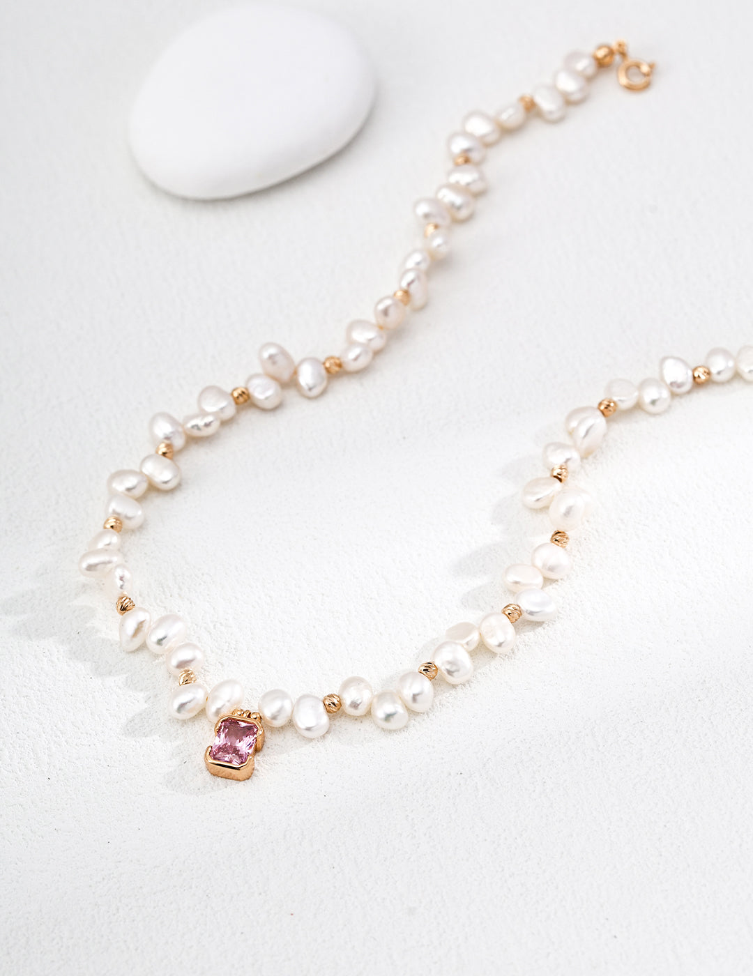 S925 Sterling Silver Pink Cubic Zirconia & Natural Pearl Necklace