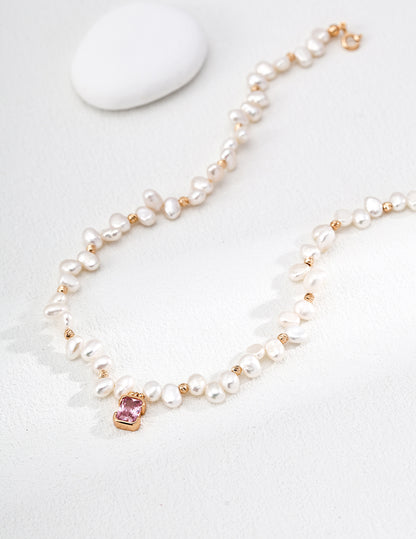 S925 Sterling Silver Pink Cubic Zirconia & Natural Pearl Necklace